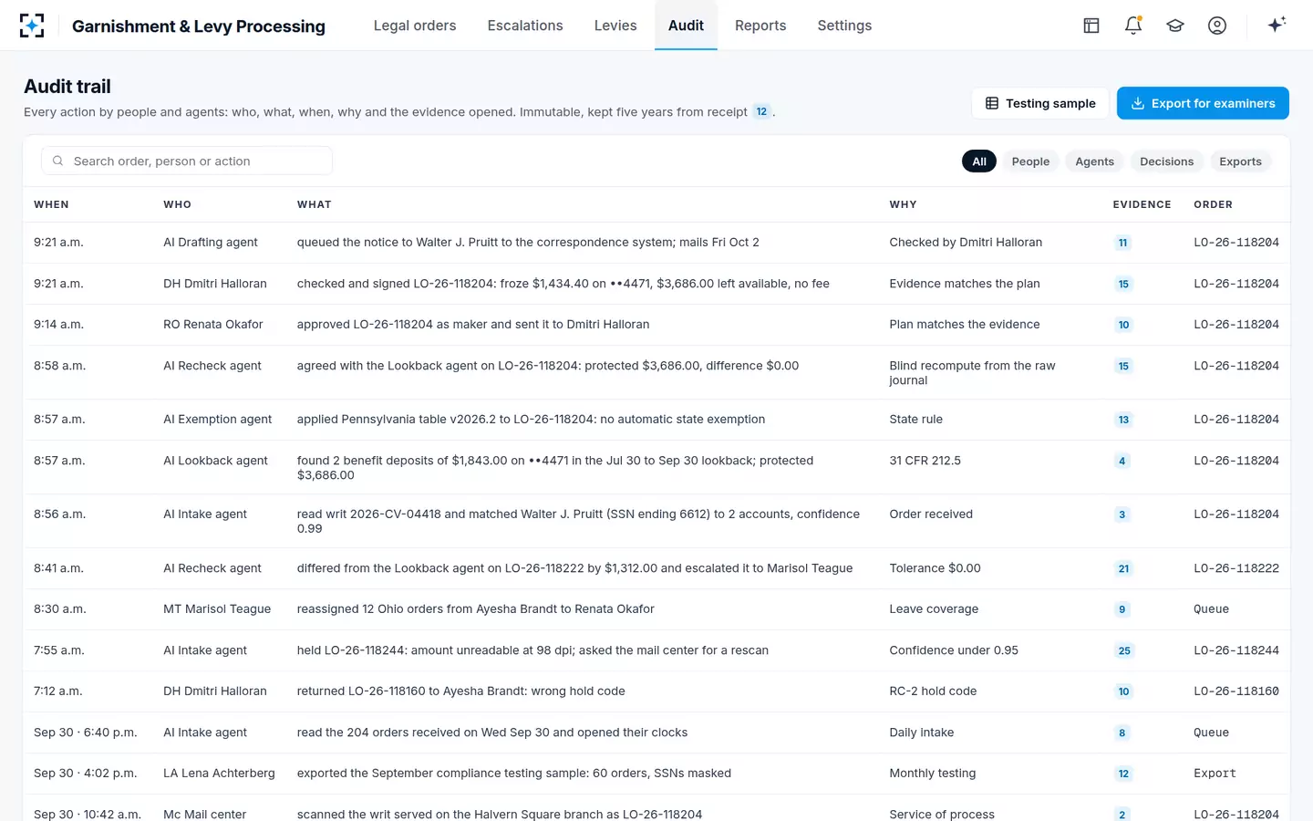 Garnishment & Levy Processing — Every action on the record