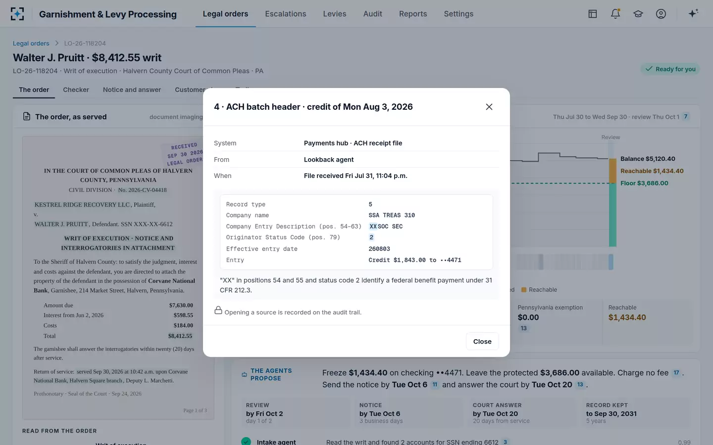 Garnishment & Levy Processing — Every benefit deposit opens its ACH batch header