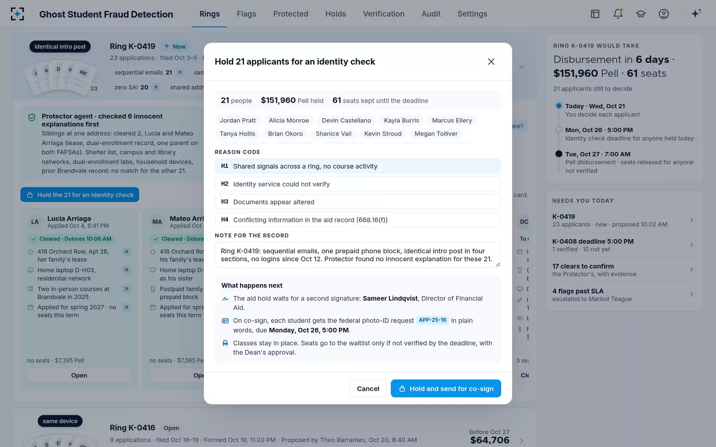 Ghost Student Fraud Detection — A hold with a reason code, never by an agent