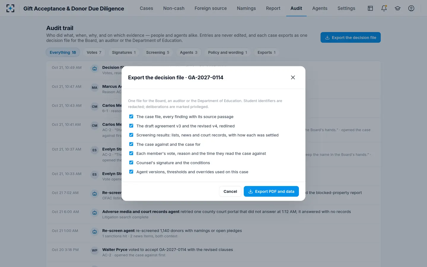 Gift Acceptance & Donor Due Diligence — The audit trail and the decision file, exported in one step
