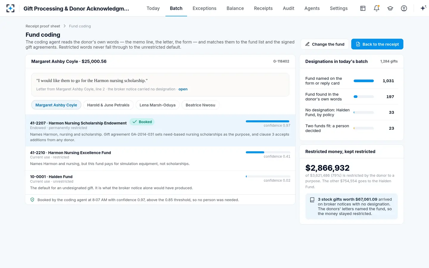 Gift Processing & Donor Acknowledgment — Donor intent kept: the fund chosen from the donor's words