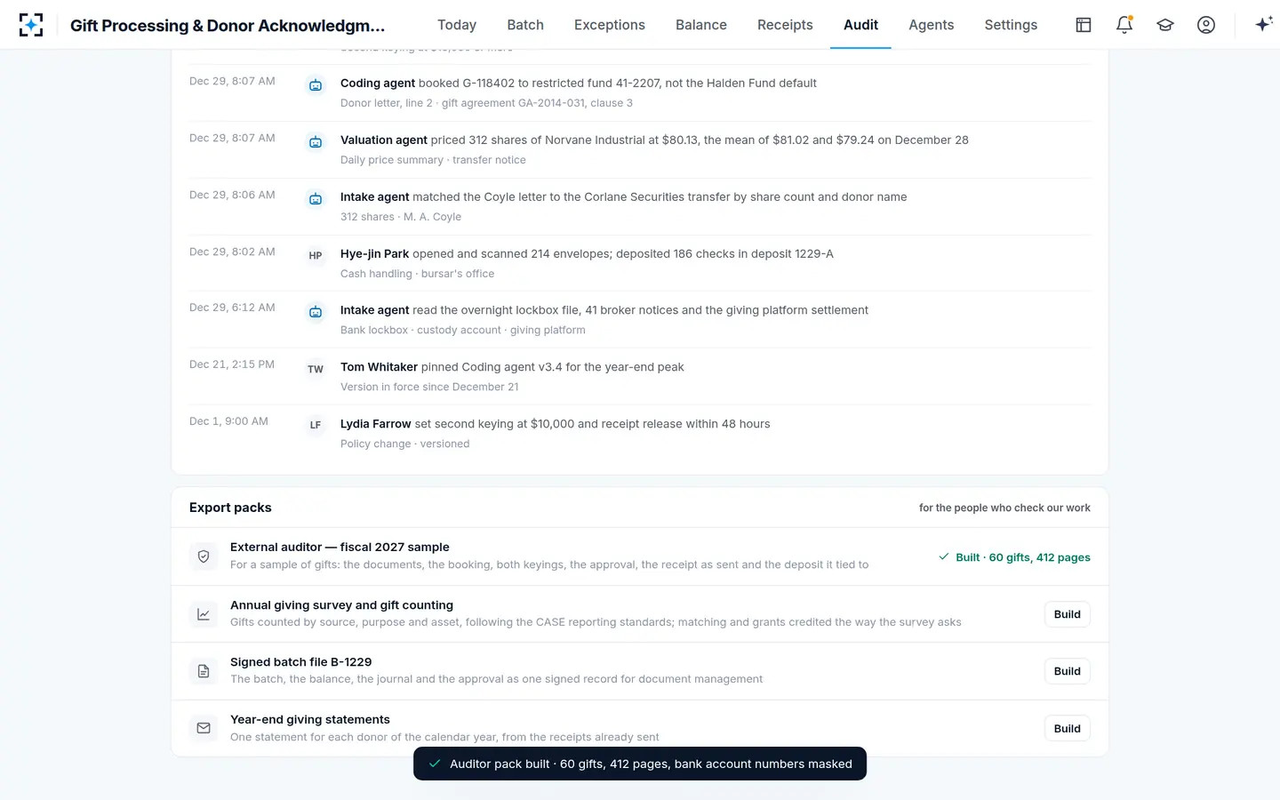 Gift Processing & Donor Acknowledgment — Every action by people and agents, and the packs auditors ask for