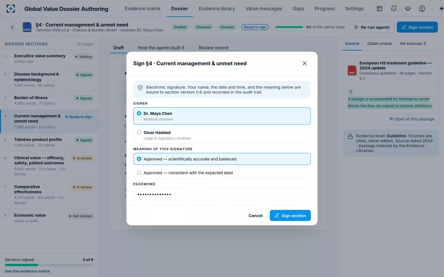 Global Value Dossier Authoring — Signing a section