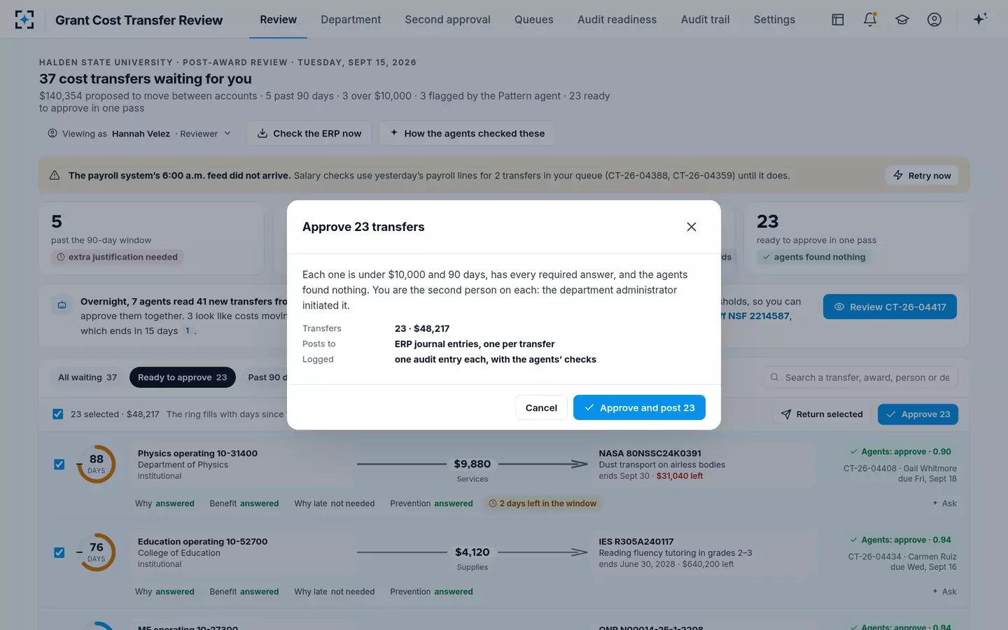 Grant Cost Transfer Review — Clean transfers approved in one pass, each with its own audit entry