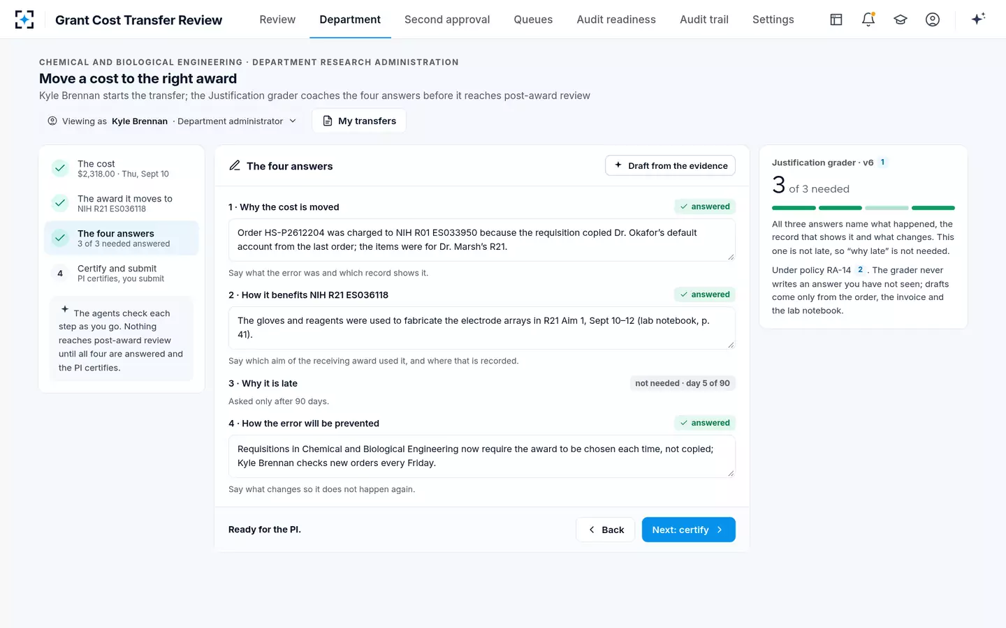 Grant Cost Transfer Review — The department side: four answers coached before the transfer is sent