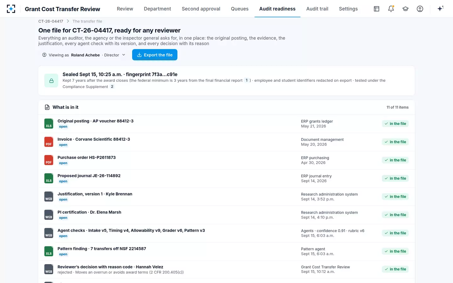Grant Cost Transfer Review — One sealed file per transfer, for the Single Audit