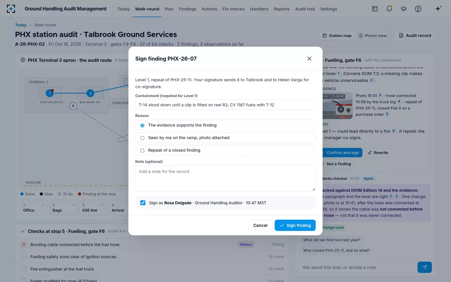 Ground Handling Audit Management — Sign with containment