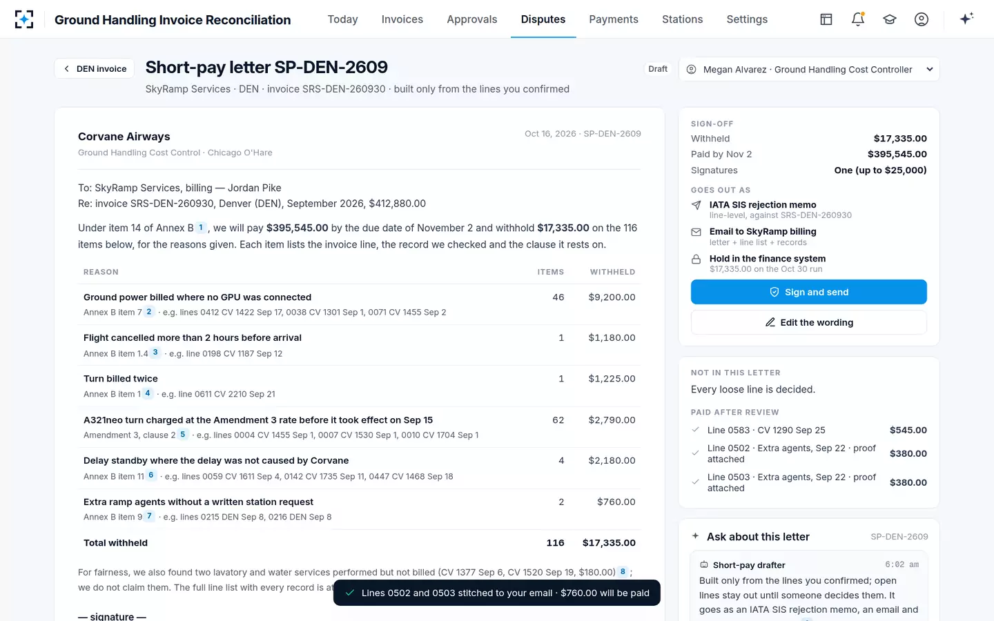 Ground Handling Invoice Reconciliation — The short-pay letter