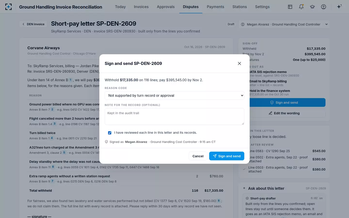 Ground Handling Invoice Reconciliation — Sign and send