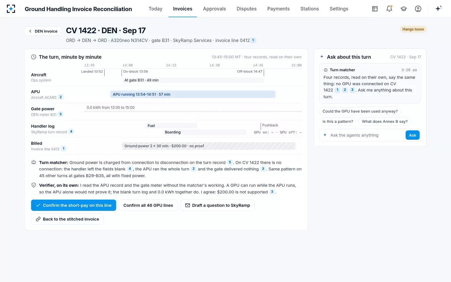 Ground Handling Invoice Reconciliation — One turn, minute by minute