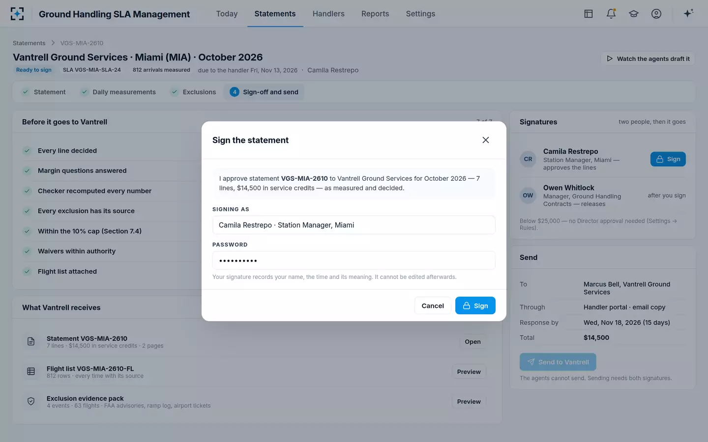 Ground Handling SLA Management — Sign-off and send
