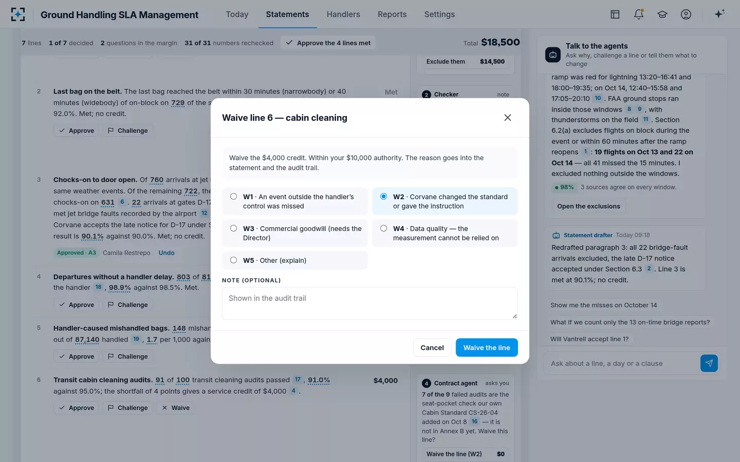 Ground Handling SLA Management — Waive a line with a reason