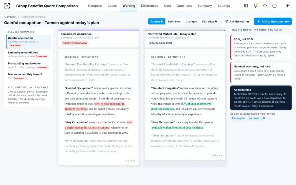 Group Benefits Quote Comparison — Certificate wording, side by side