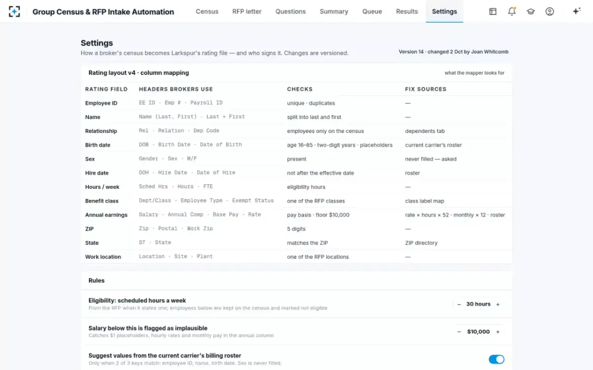 Group Census & RFP Intake Automation — Your rules
