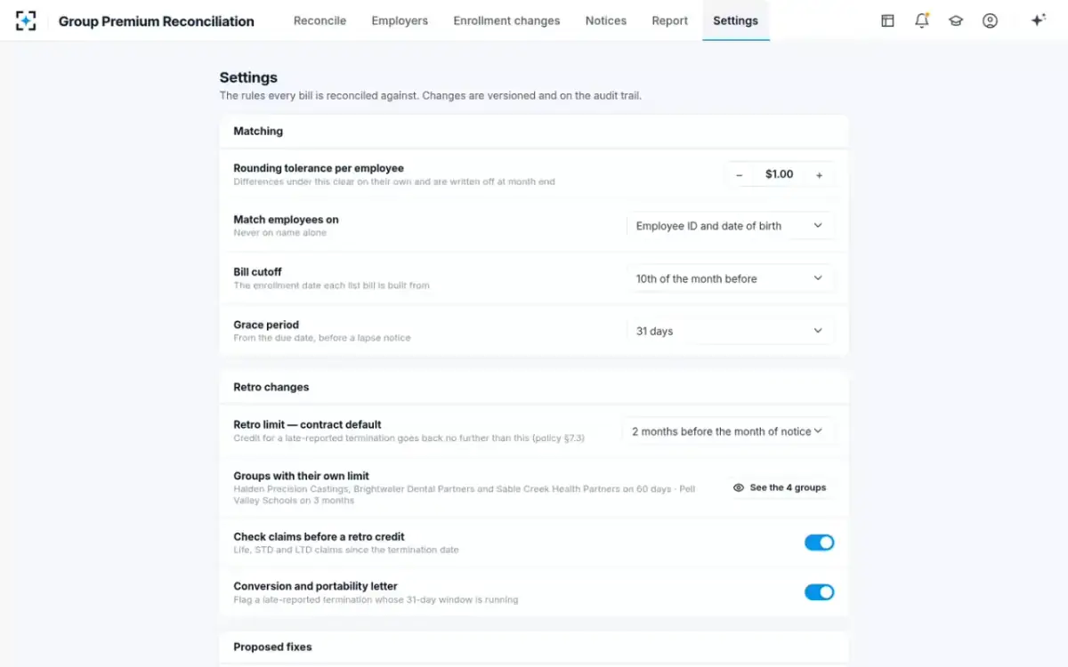 Group Premium Reconciliation — Settings