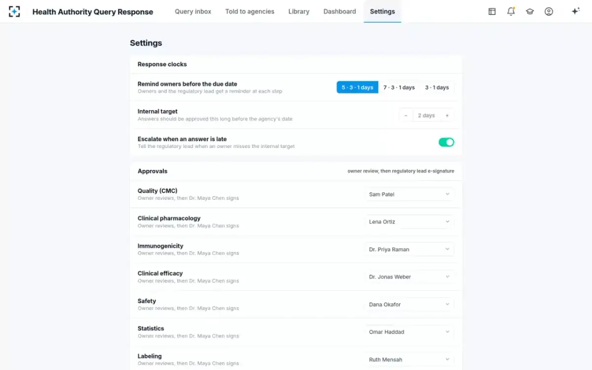 Health Authority Query Response — Settings