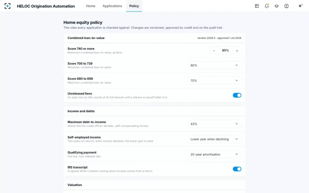 HELOC Origination Automation — Home equity policy
