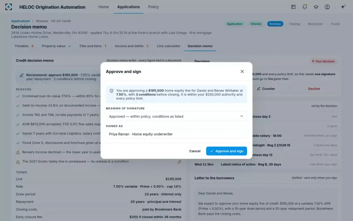 HELOC Origination Automation — Approve and sign