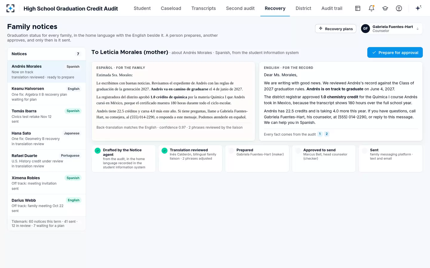 High School Graduation Credit Audit — The family's notice in Spanish, with the English beside it