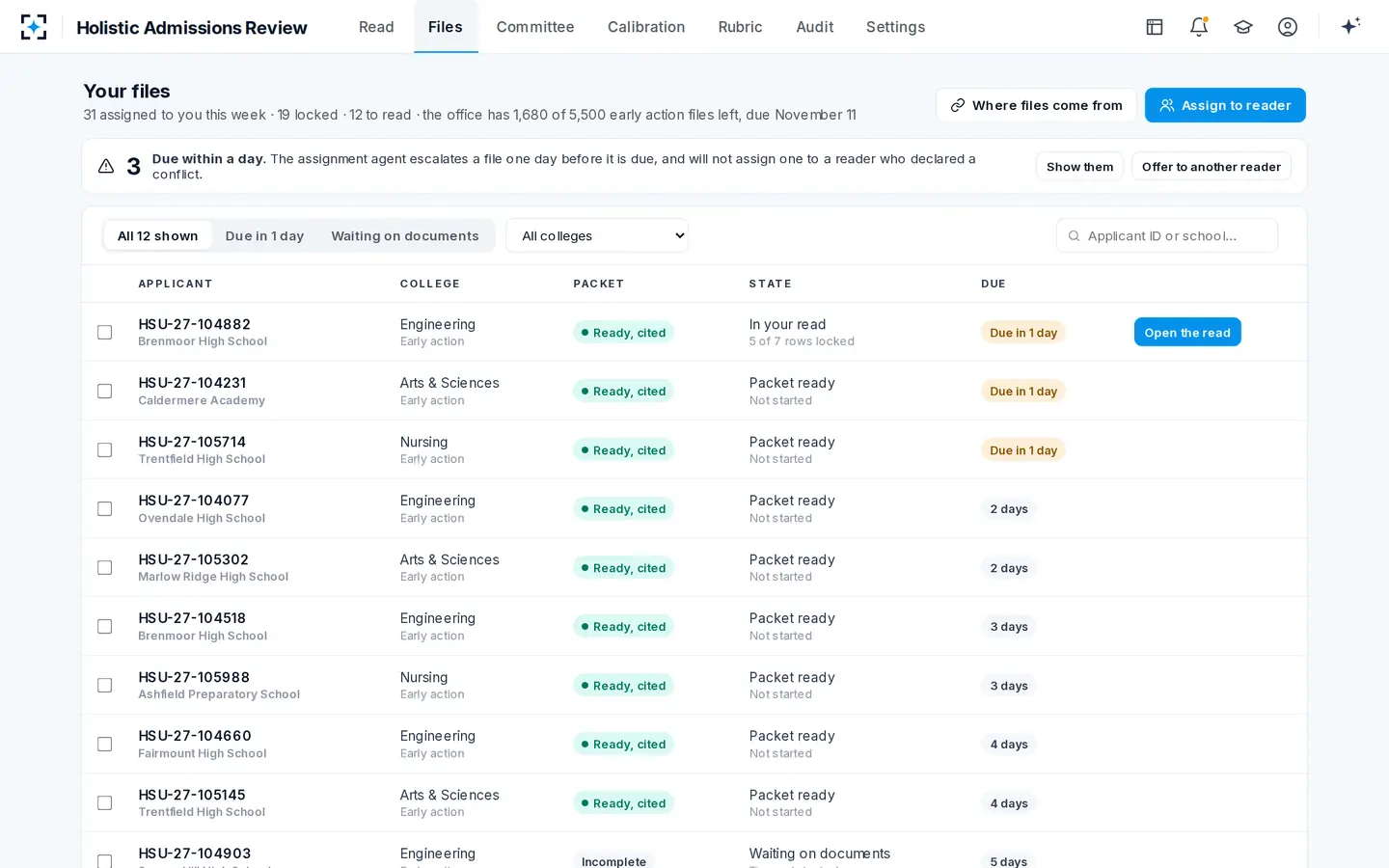 Holistic Admissions Review — Every file in one queue, with the deadline on each