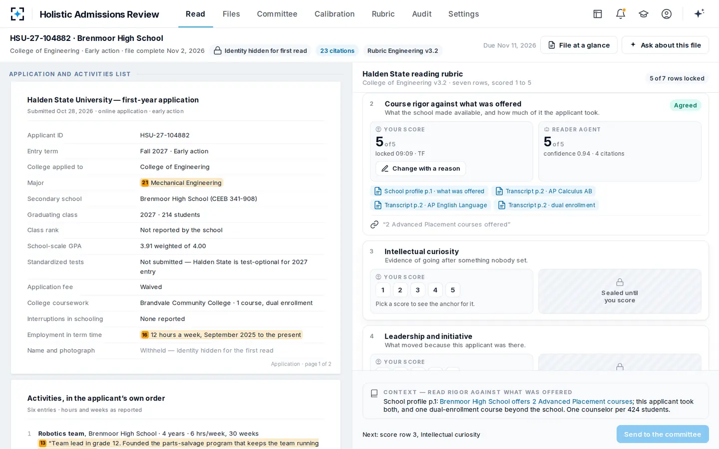 Holistic Admissions Review — One applicant file, and the rubric beside it