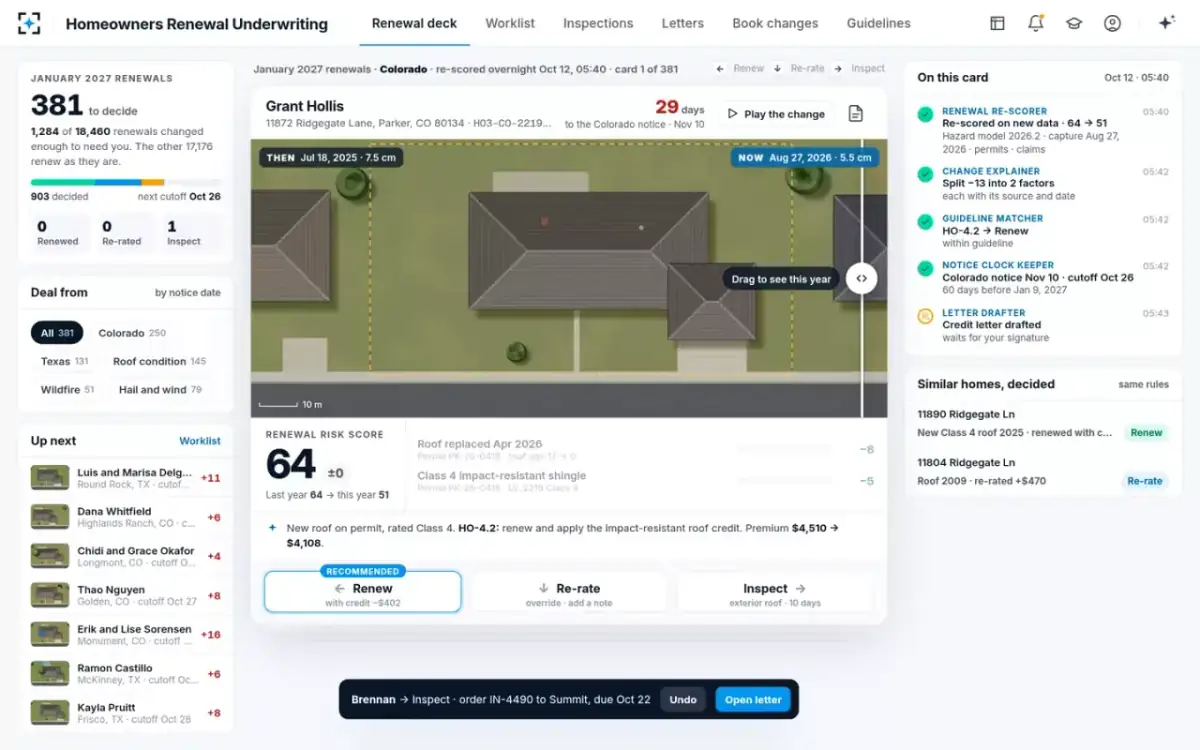 Homeowners Renewal Underwriting — One swipe, one decision