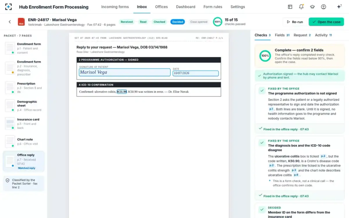 Hub Enrollment Form Processing — The office's reply, matched
