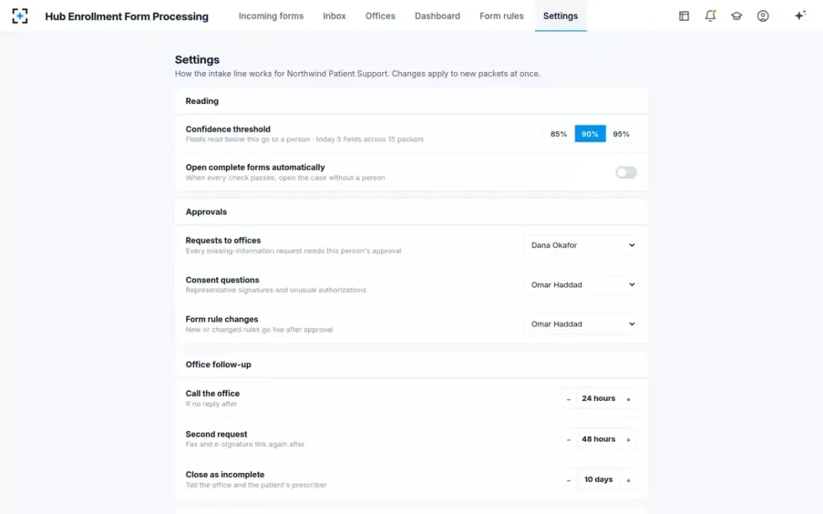 Hub Enrollment Form Processing — Settings