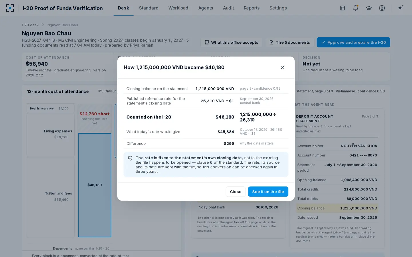 I-20 Proof of Funds Verification — Every amount converted at the rate of the statement's own date