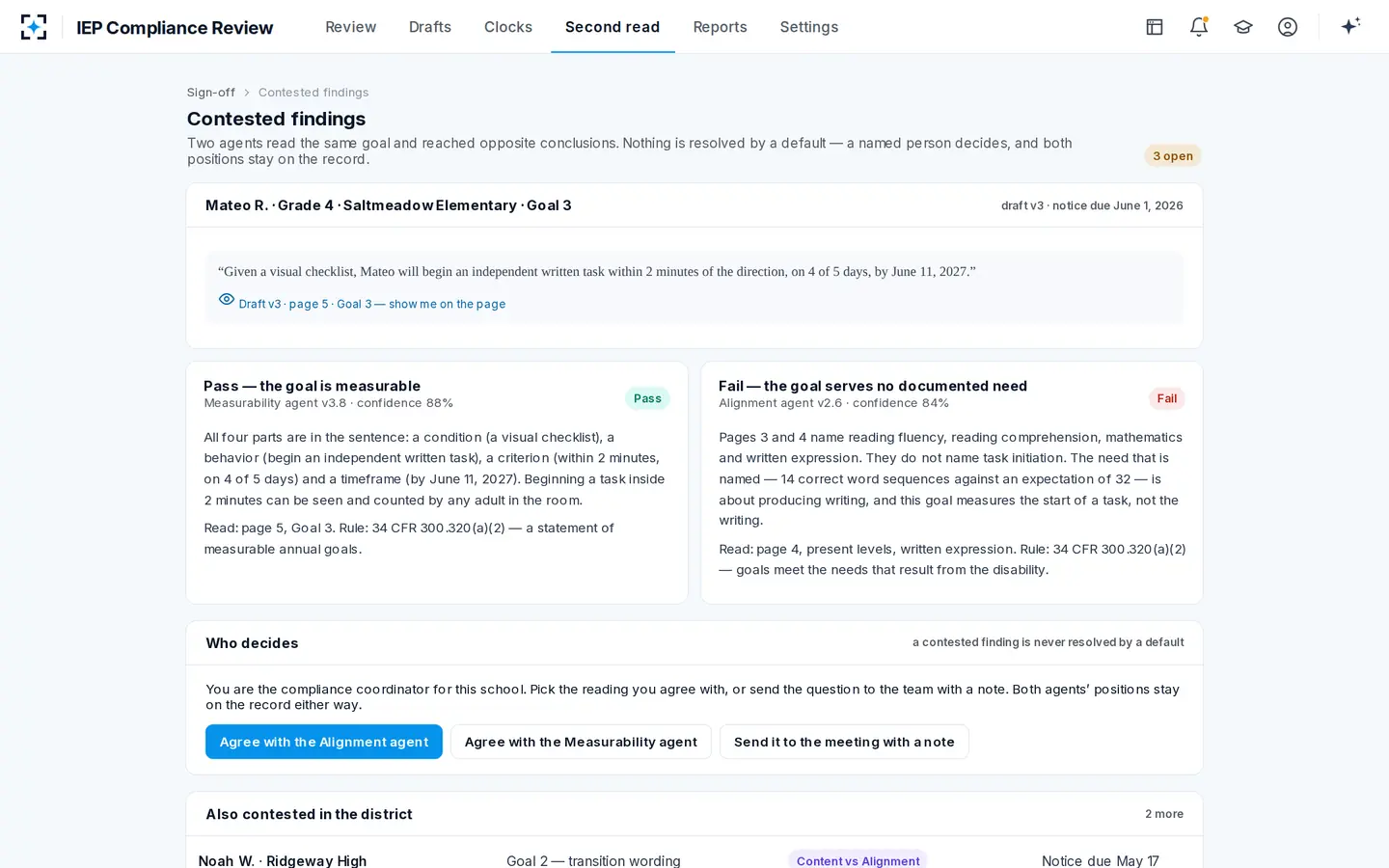IEP Compliance Review — When two agents disagree, nothing defaults