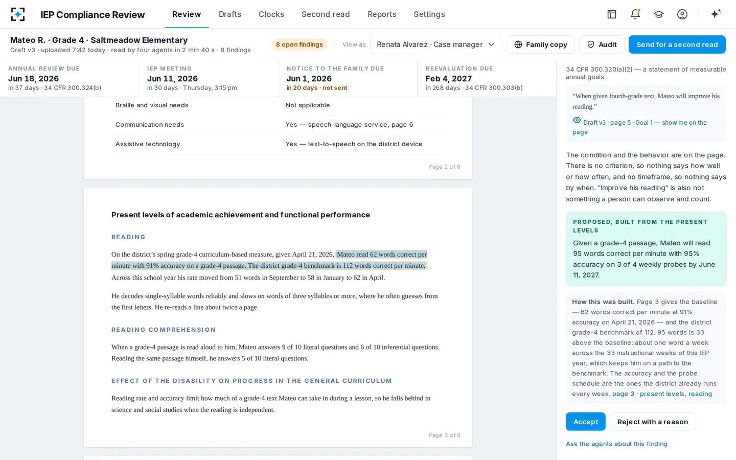 IEP Compliance Review — Click the citation and the passage opens on the page