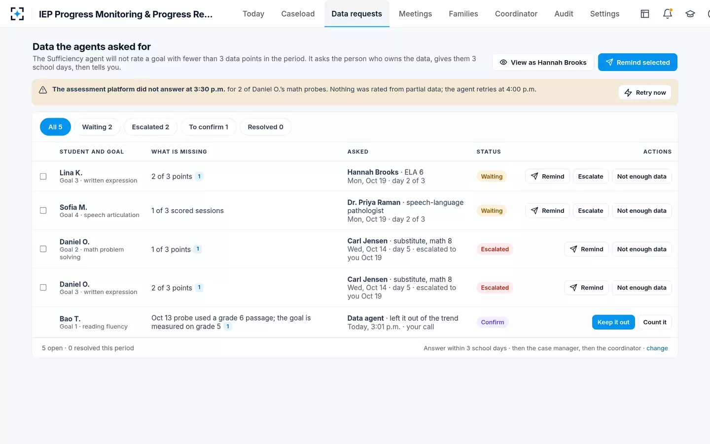 IEP Progress Monitoring & Progress Reports — No rating without enough IEP data