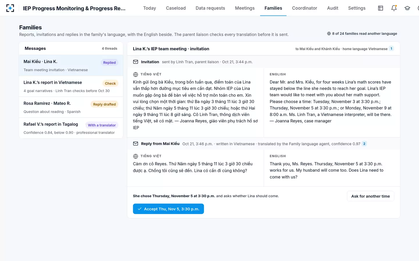 IEP Progress Monitoring & Progress Reports — The family's reply in Vietnamese, beside the English
