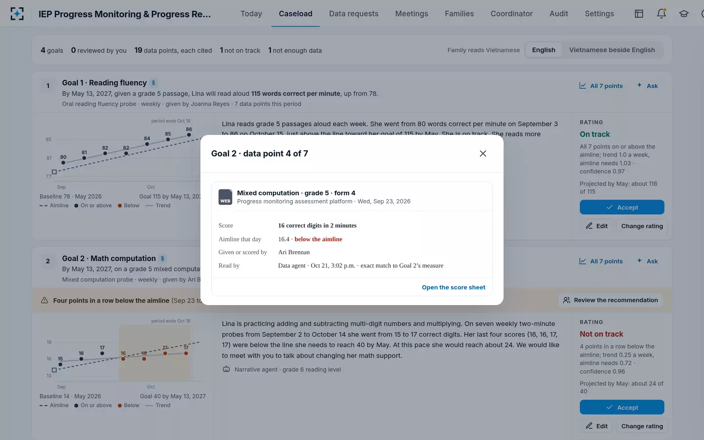 IEP Progress Monitoring & Progress Reports — Every data point opens its probe