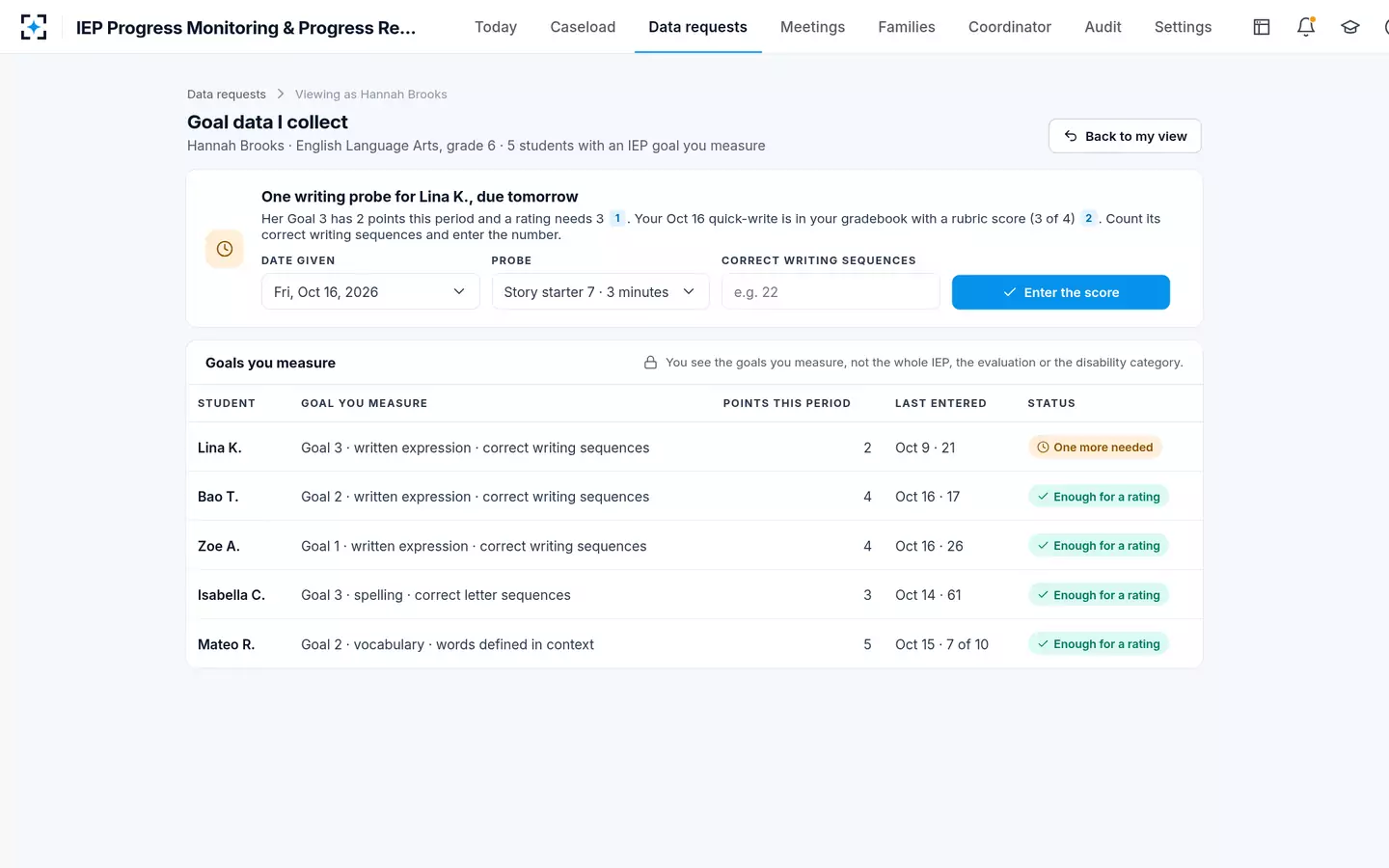 IEP Progress Monitoring & Progress Reports — The teacher enters the missing score in her own view