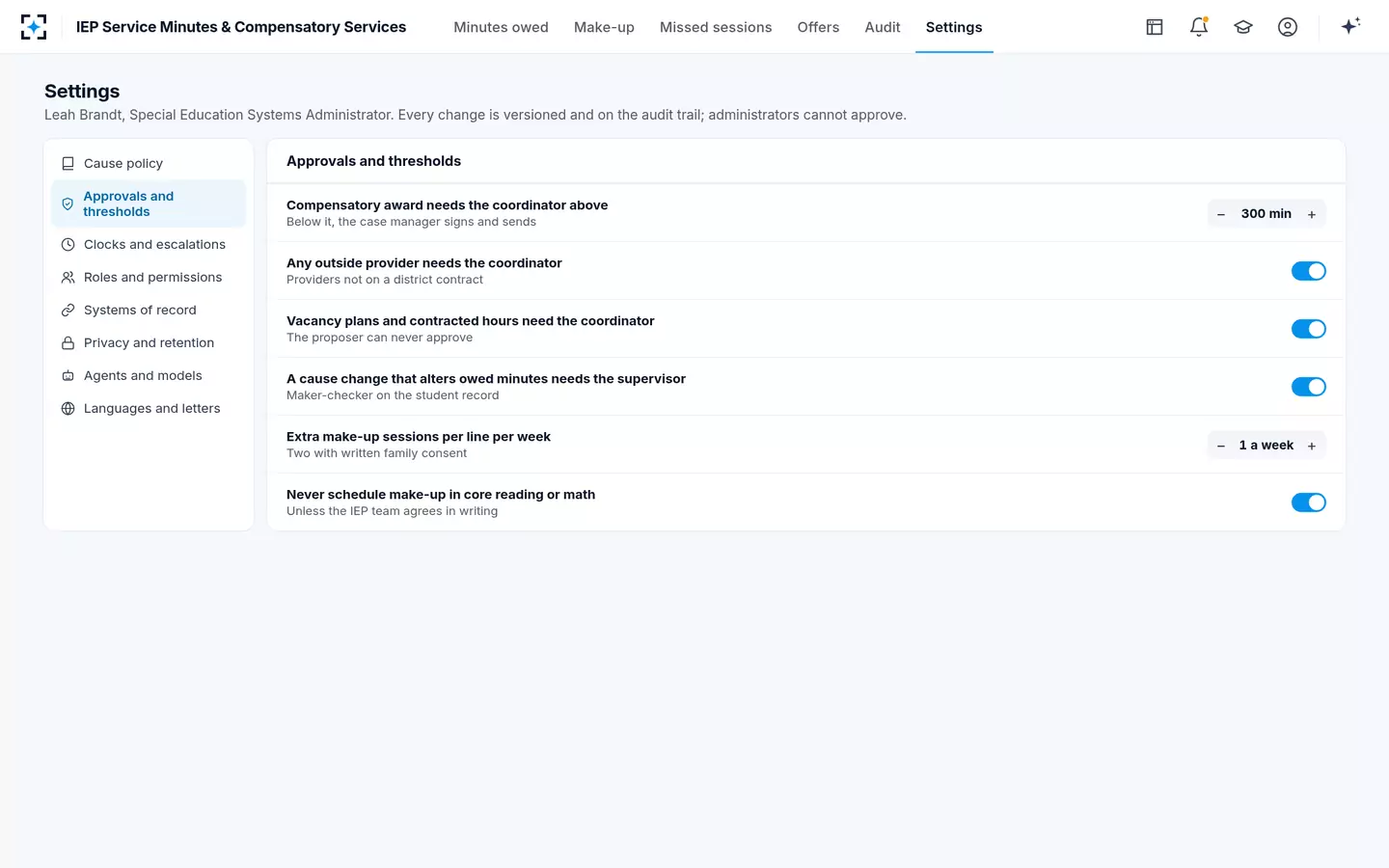IEP Service Minutes & Compensatory Services — Approval thresholds and maker-checker rules