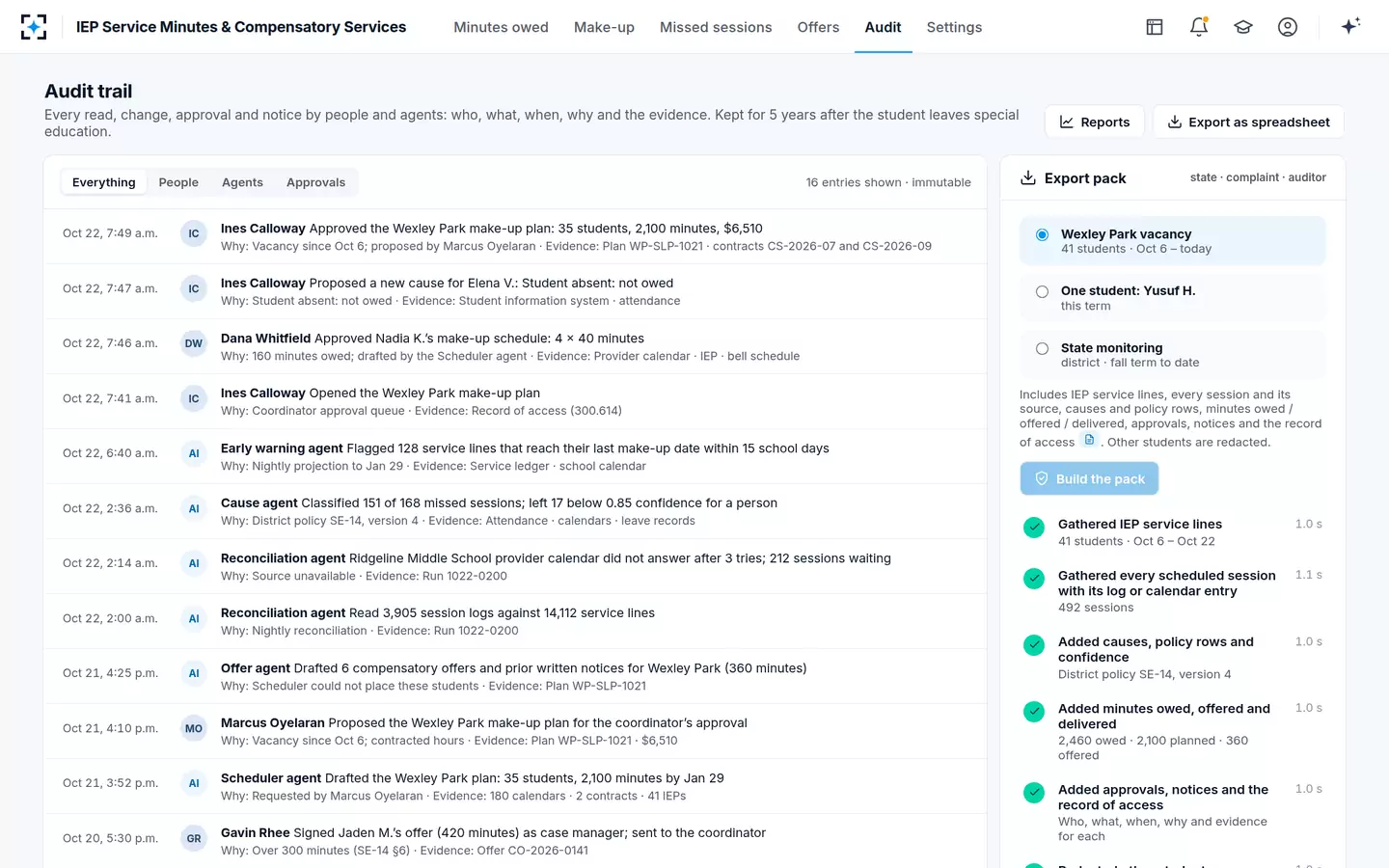 IEP Service Minutes & Compensatory Services — Audit trail and a sealed export pack for the state
