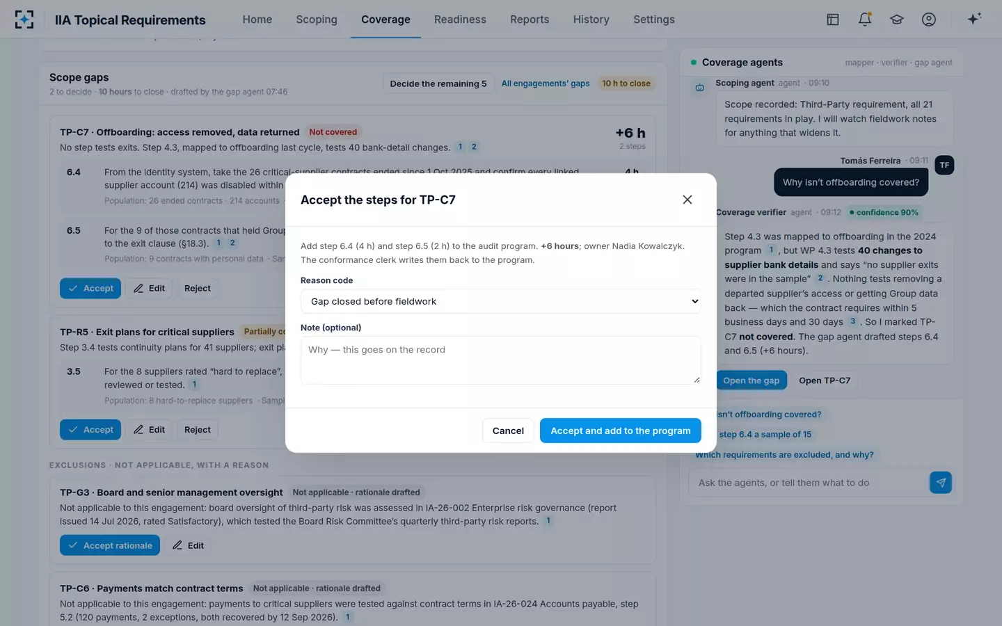IIA Topical Requirements — Accept with a reason
