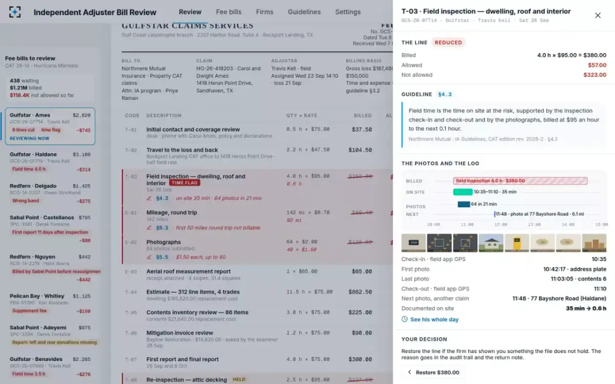 Independent Adjuster Bill Review — One line’s evidence