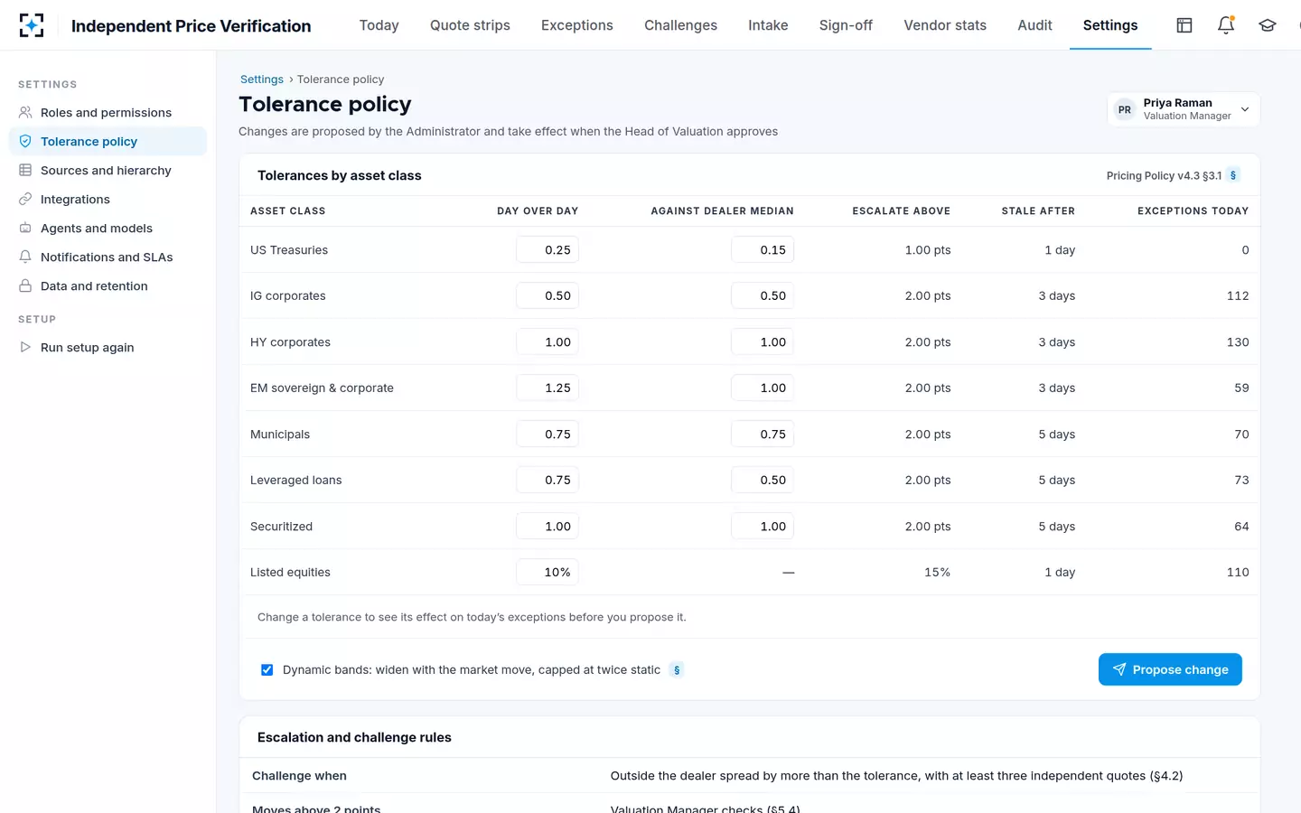 Independent Price Verification — Tolerance policy