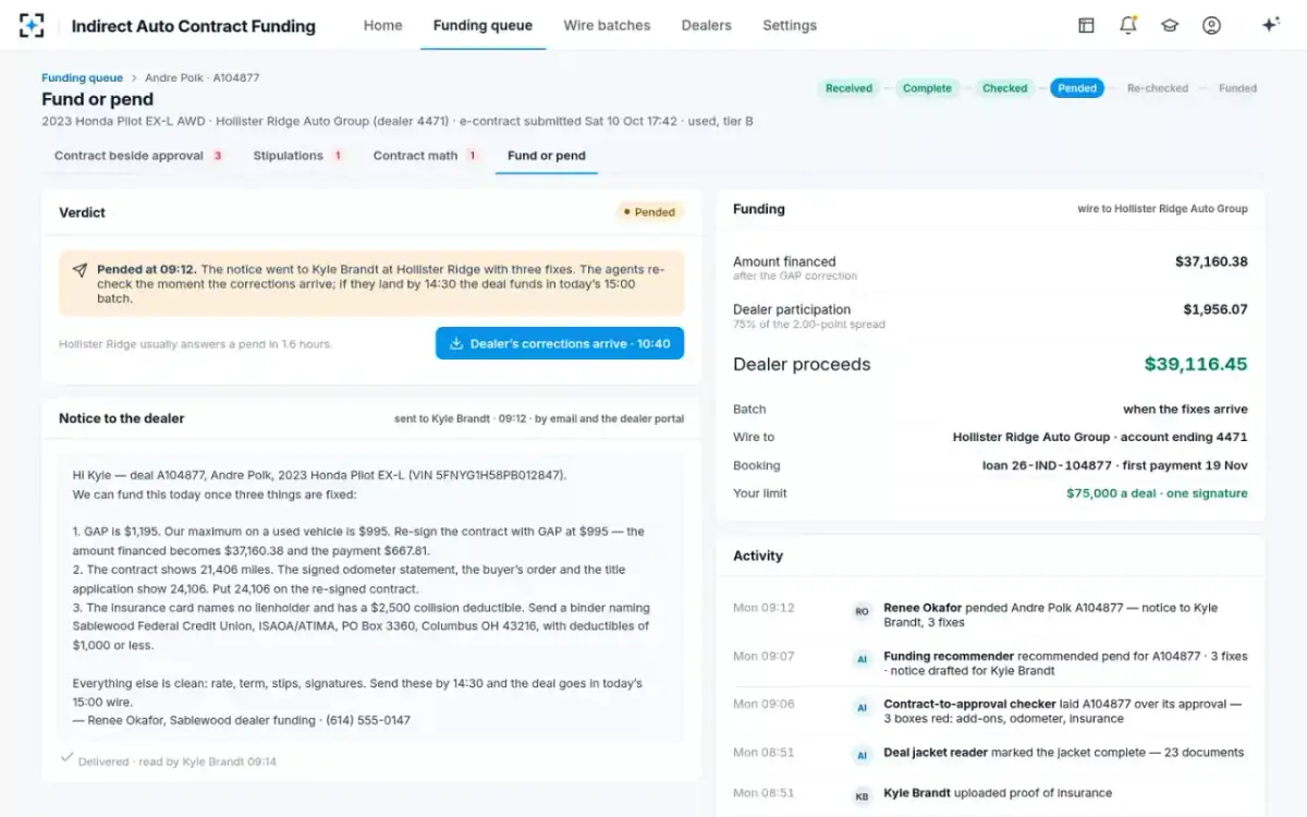 Indirect Auto Contract Funding — Fund or pend
