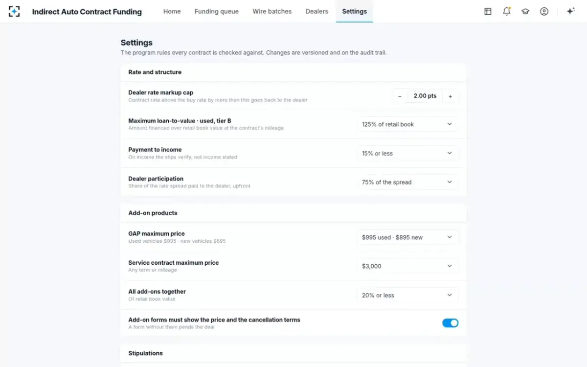 Indirect Auto Contract Funding — Program rules