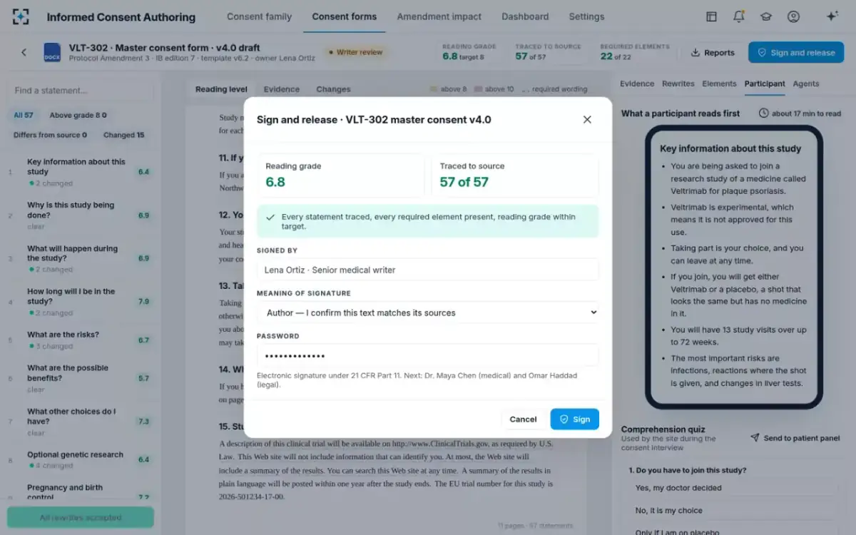 Informed Consent Authoring — Sign and release