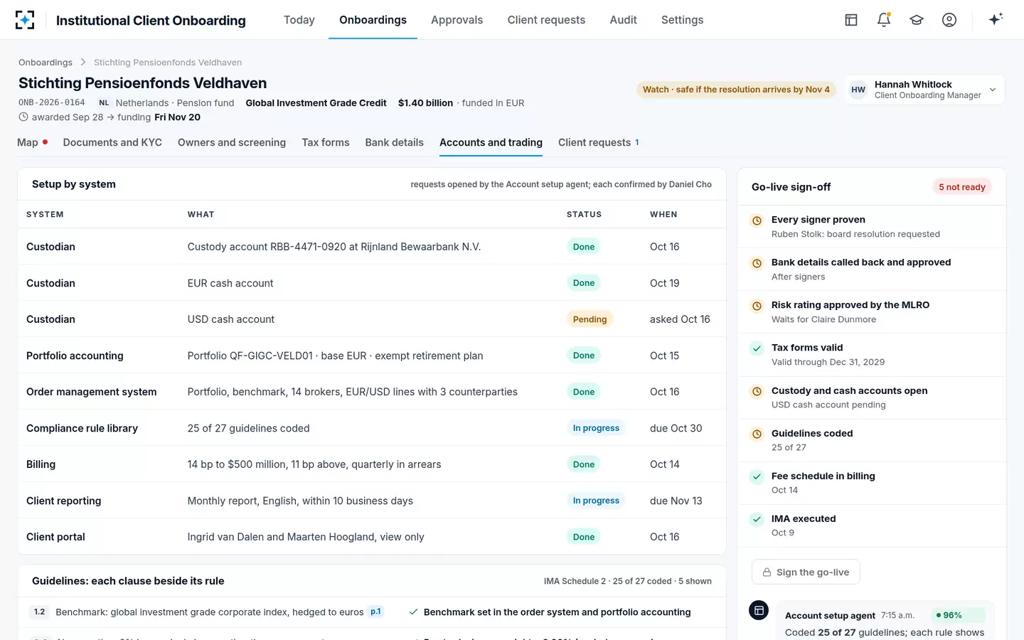 Institutional Client Onboarding — Accounts and go-live