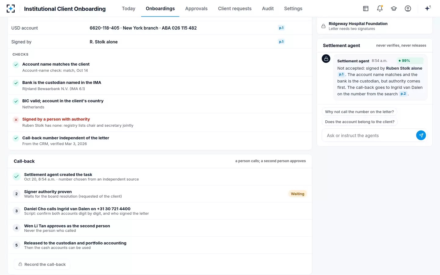 Institutional Client Onboarding — Bank details and the call-back