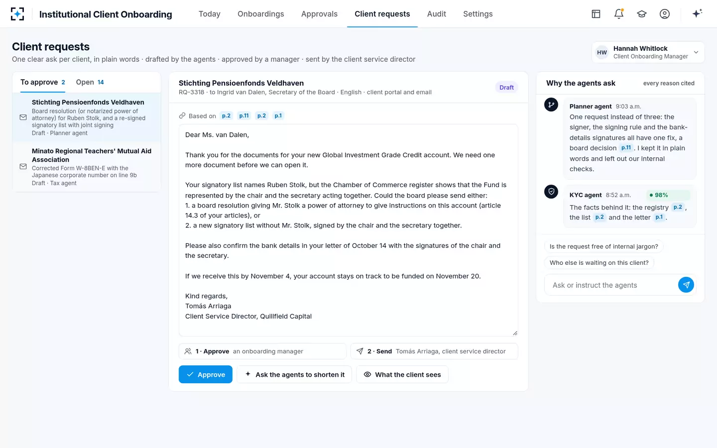 Institutional Client Onboarding — One request to the client