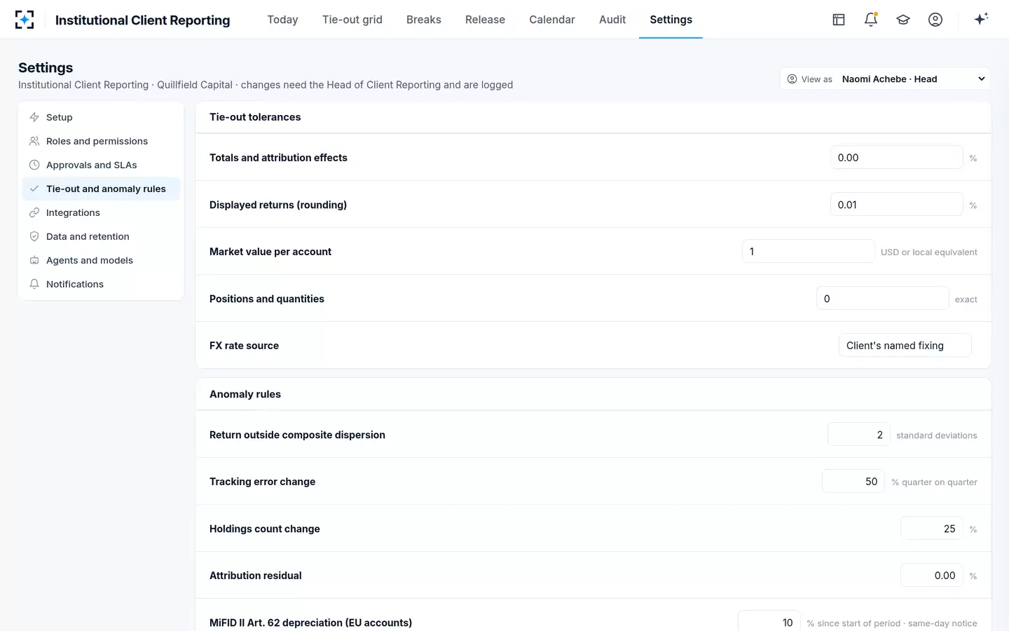 Institutional Client Reporting — Tie-out and anomaly rules