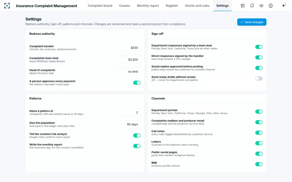 Insurance Complaint Management — Settings