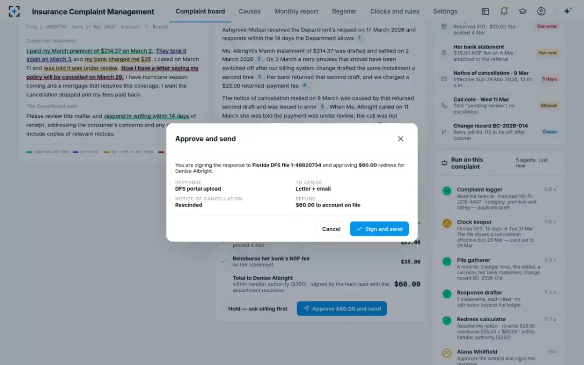 Insurance Complaint Management — Approve and send