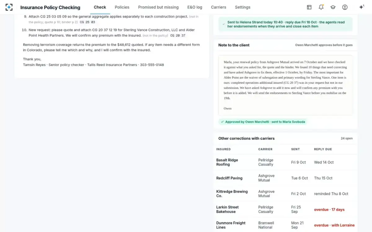 Insurance Policy Checking — Sent, and the client told